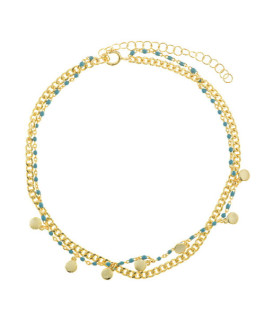 Salvatore Plata Tobillera Mujer Plata Dorada Doble Turquesas y Monedas - 000230698