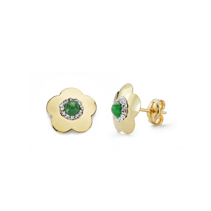 Pendientes Mujer Oro 18 ktes Flor Piedra Verde 9 mm - 000150626