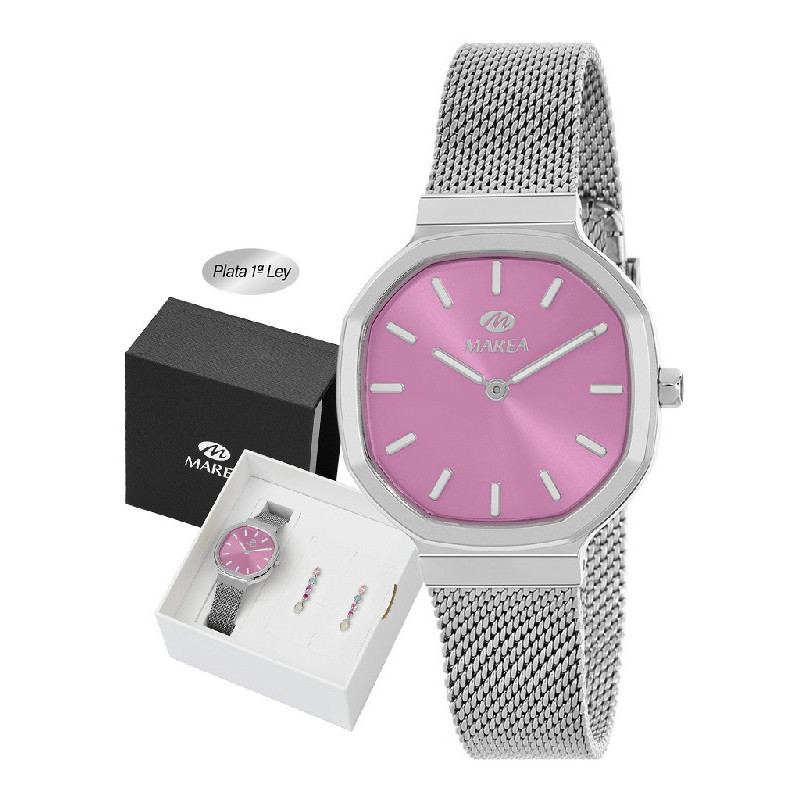 Reloj Mujer Marea Acero y Pendientes Plata Esfera Rosa 33 mm - B41408/11