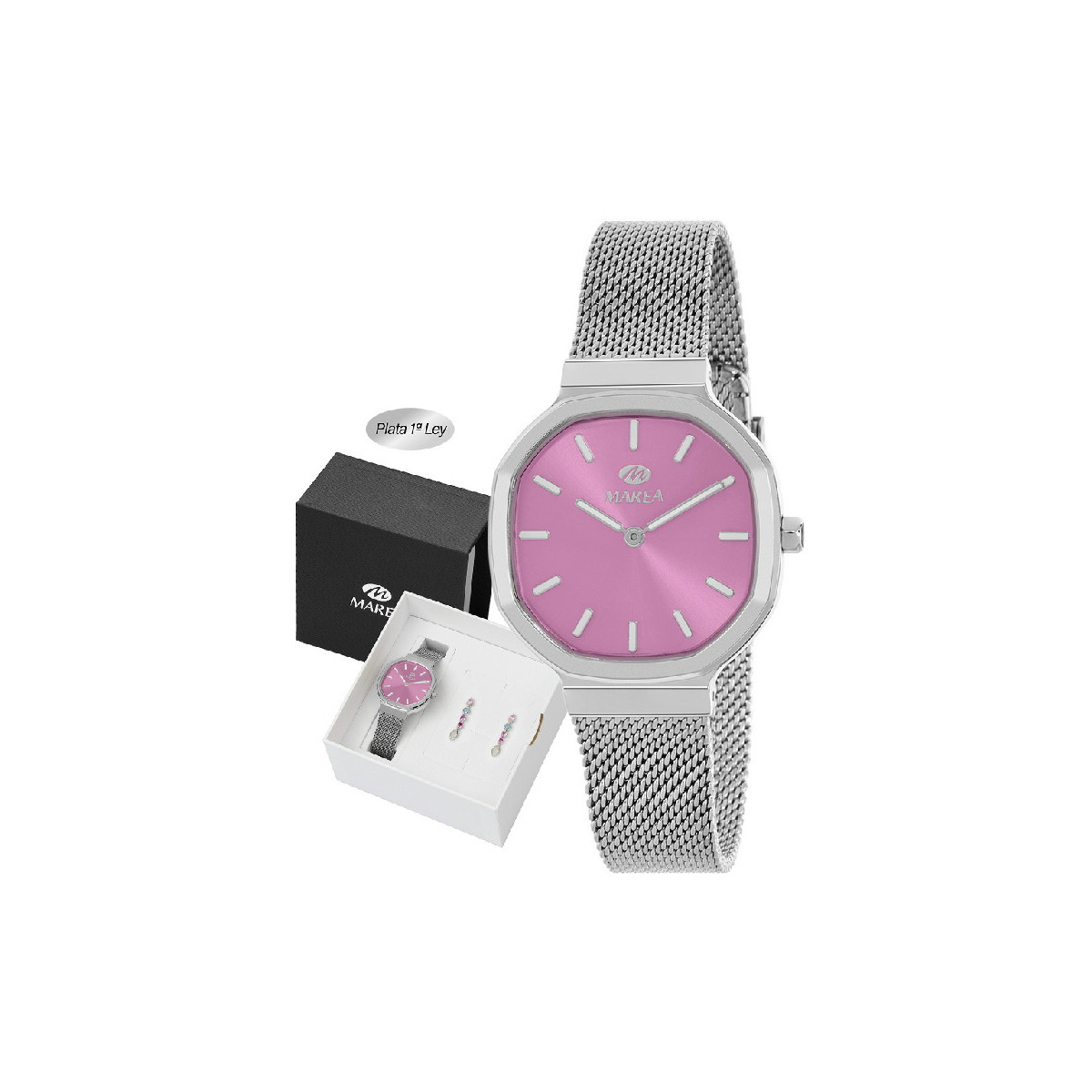 Reloj Mujer Marea Acero y Pendientes Plata Esfera Rosa 33 mm - B41408/11
