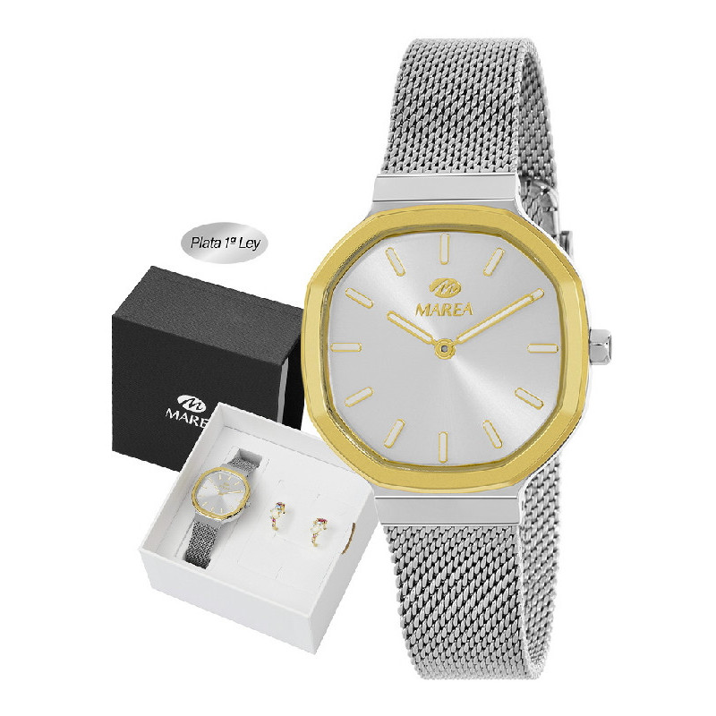 Reloj Mujer y Pendientes Marea Plata Aros Acero Bicolor 33 mm - B41408/13