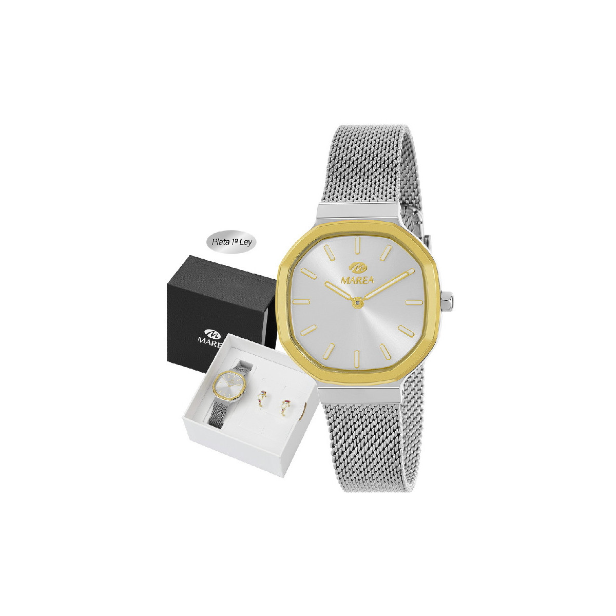 Reloj Mujer y Pendientes Marea Plata Aros Acero Bicolor 33 mm - B41408/13