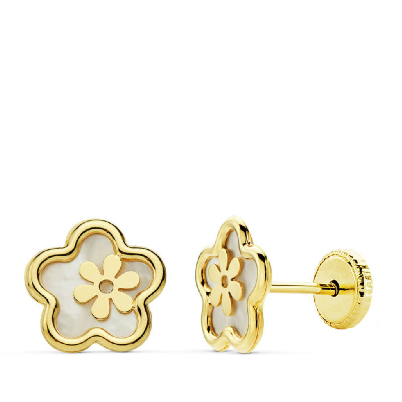 Pendientes Niña Oro 18 ktes Flor Nácar 8 mm - 000150805