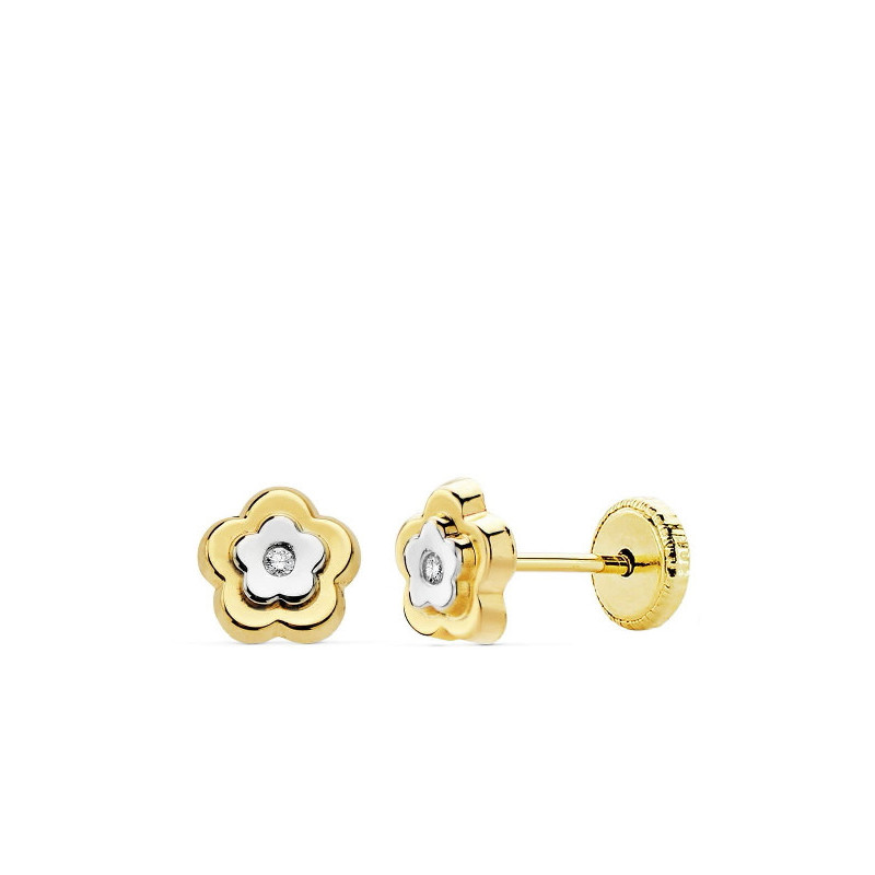 Pendientes Bebé Oro Bicolor 18 ktes Flor Circonitas 5 mm - 000150841