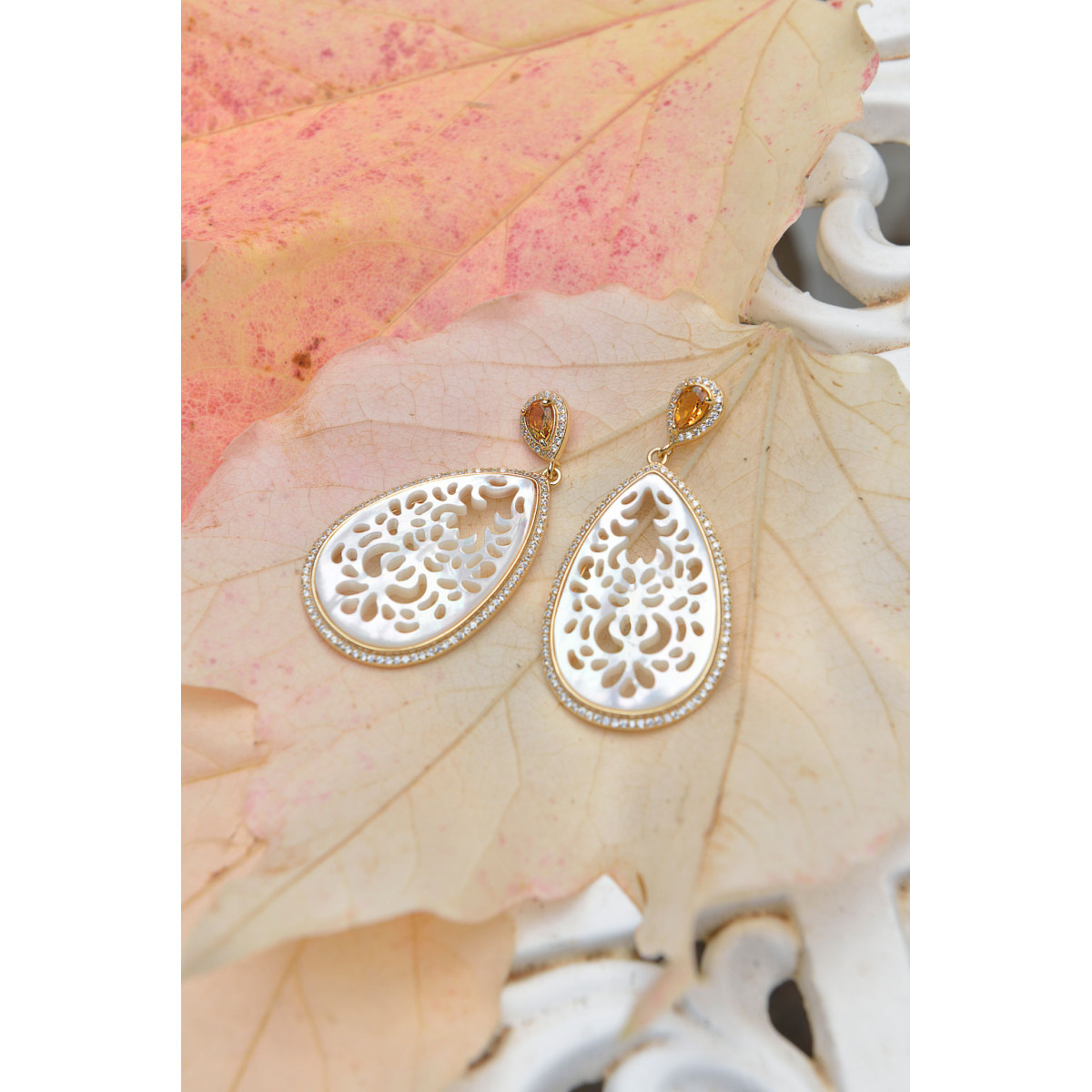 Pendientes Mujer Salvatore Plata Dorada Madreperla Finigrana Topacio 24 x 48 mm - 000230975