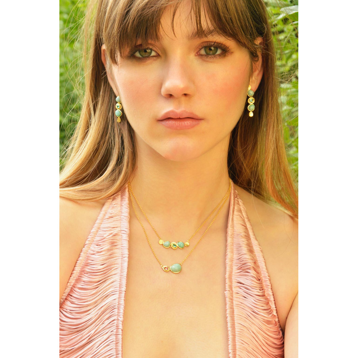 Pendientes Mujer Salvatore Plata Dorada Cuarzo Verdes 8 x 33 mm - 000230968