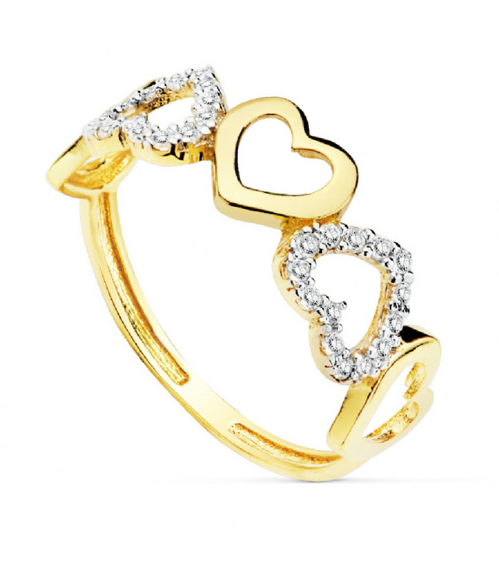Anillo de Mujer Oro Amarillo 18 ktes Corazones Circonitas Talla 12