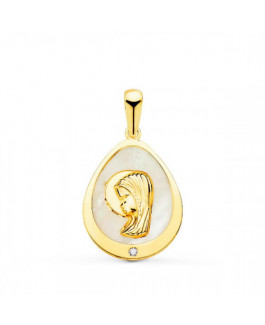 Medalla Niña Oro Amarillo 18 ktes Virgen Niña Nácar Circonita Tamaño 12 x 16 mm - 000150877